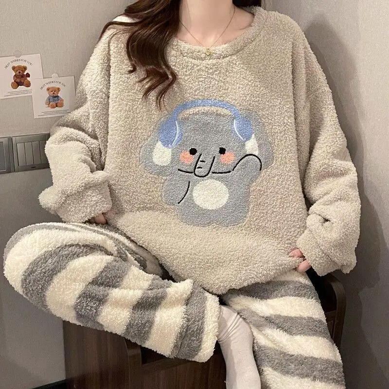 

Women's pajamas Coral Fleece for Women Soft and Cute Striped Cartoon Elephant Home Suit Set Autumn Winter Thick Warm Custom