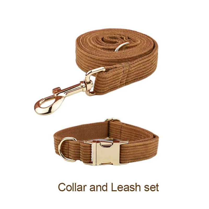 Personalised Corduroy Dog Collar And Leash Set With Nameplate_voghion.com