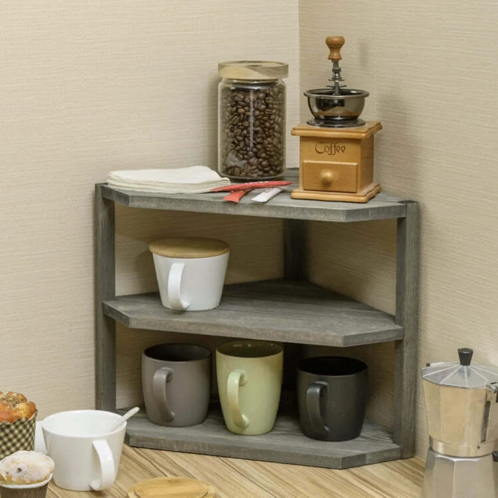 

us Vintage Gray Solid Wood Kitchen Counter Corner Shelf, 3 Tier Storage Organizer Spice Rack Condiment Shelf