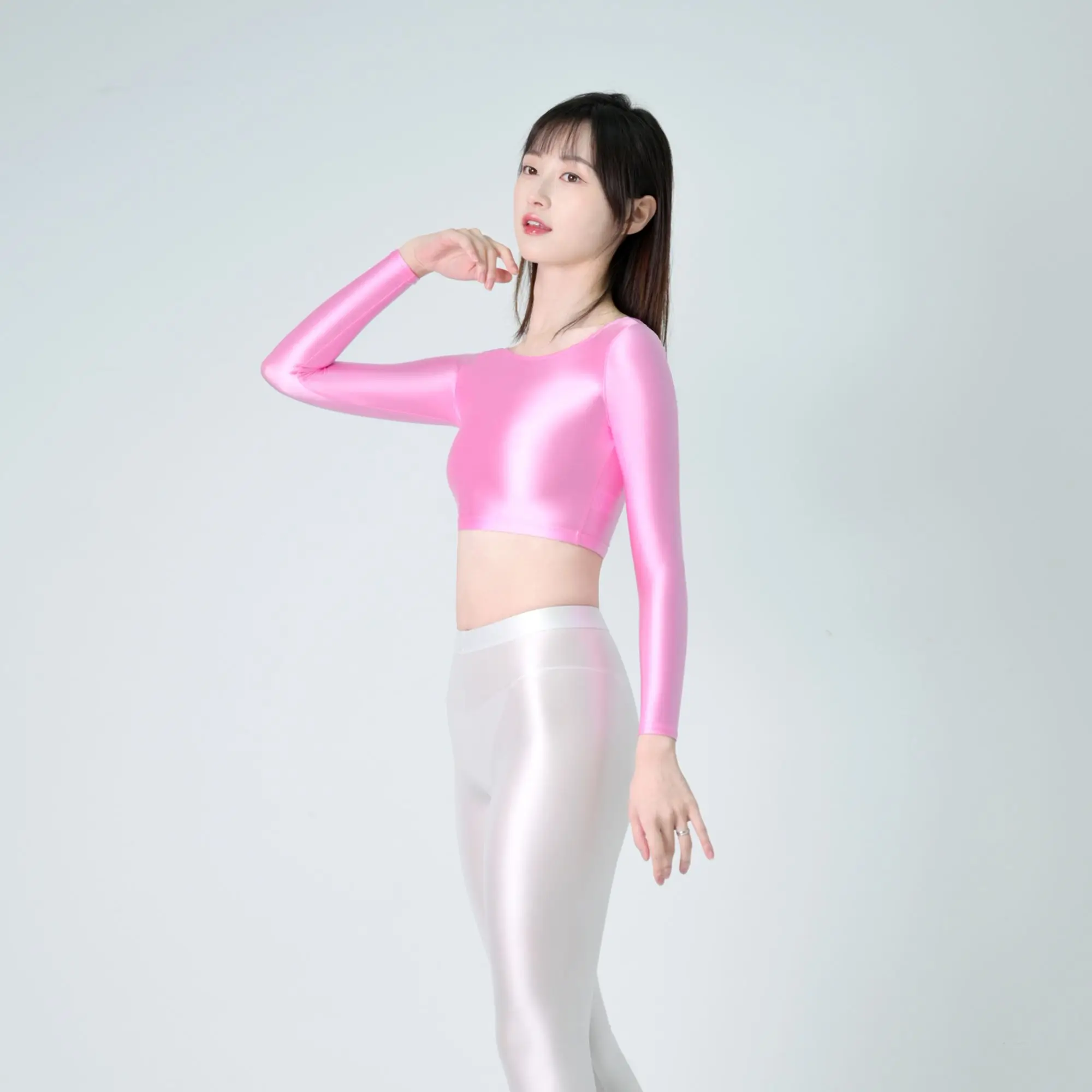 XCKNY satin glossy  long sleeve top Sports Glossy Silk Skinny Yoga swim Expose the navel Thin Bodybutton Long Sleeve Top