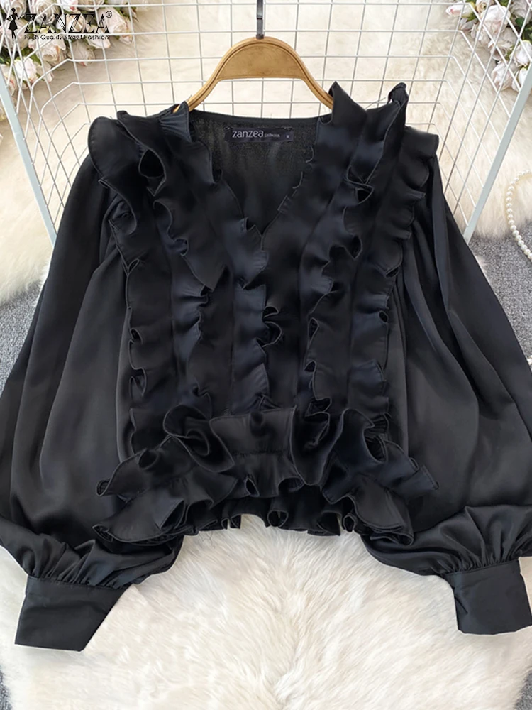 

ZANZEA 2024 Vintage Shirts Women American Fashion Tops Casual Loose Solid V-neck Blouse Chic Lantern Long Sleeve Ruffles Tunic