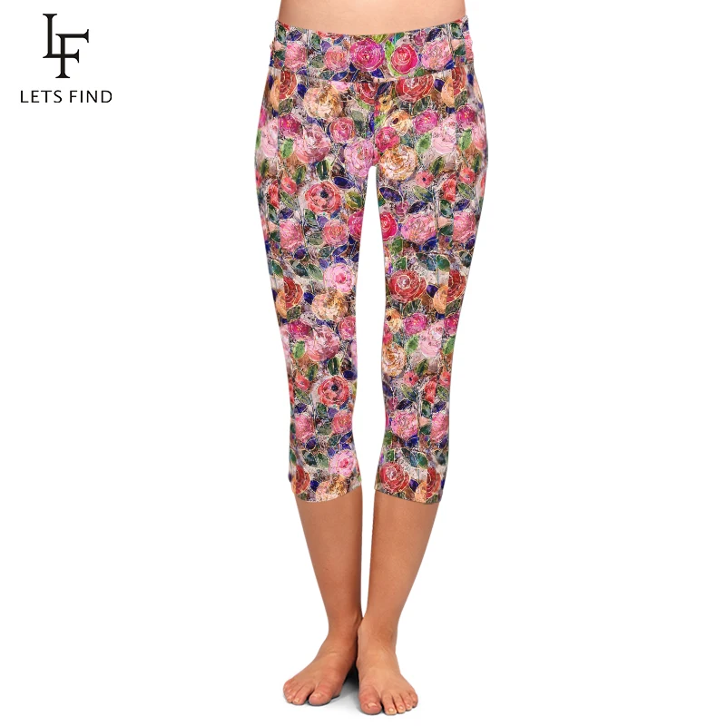 

LETSFIND Summer New Women Fitness Capri Leggings High Waist 3D Colorful Flower Print Fitness Sexy Girls Mid-Calf 3/4 Pants