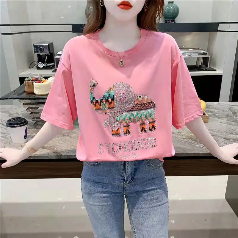 Korean Loose Round Neck Cartoon Embroidery Tops For Female Casual Fashion Diamonds Spliced T-shirt Summer New Women\'s Clothing