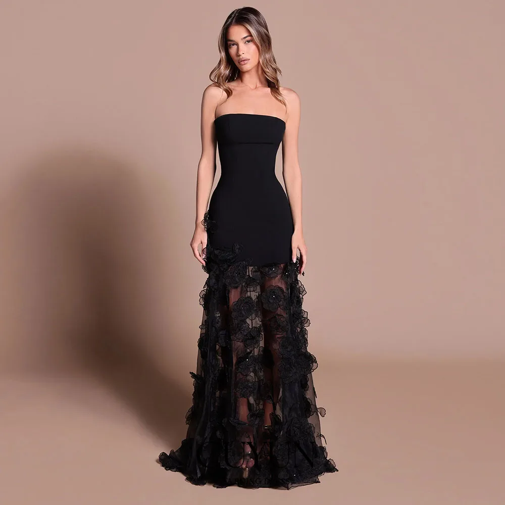 CUYUN Abiti da ballo di lusso personalizzati con fiori Abito da sera nero senza spalline con corsetto sul retro per abito da festa lungo per occasioni speciali
