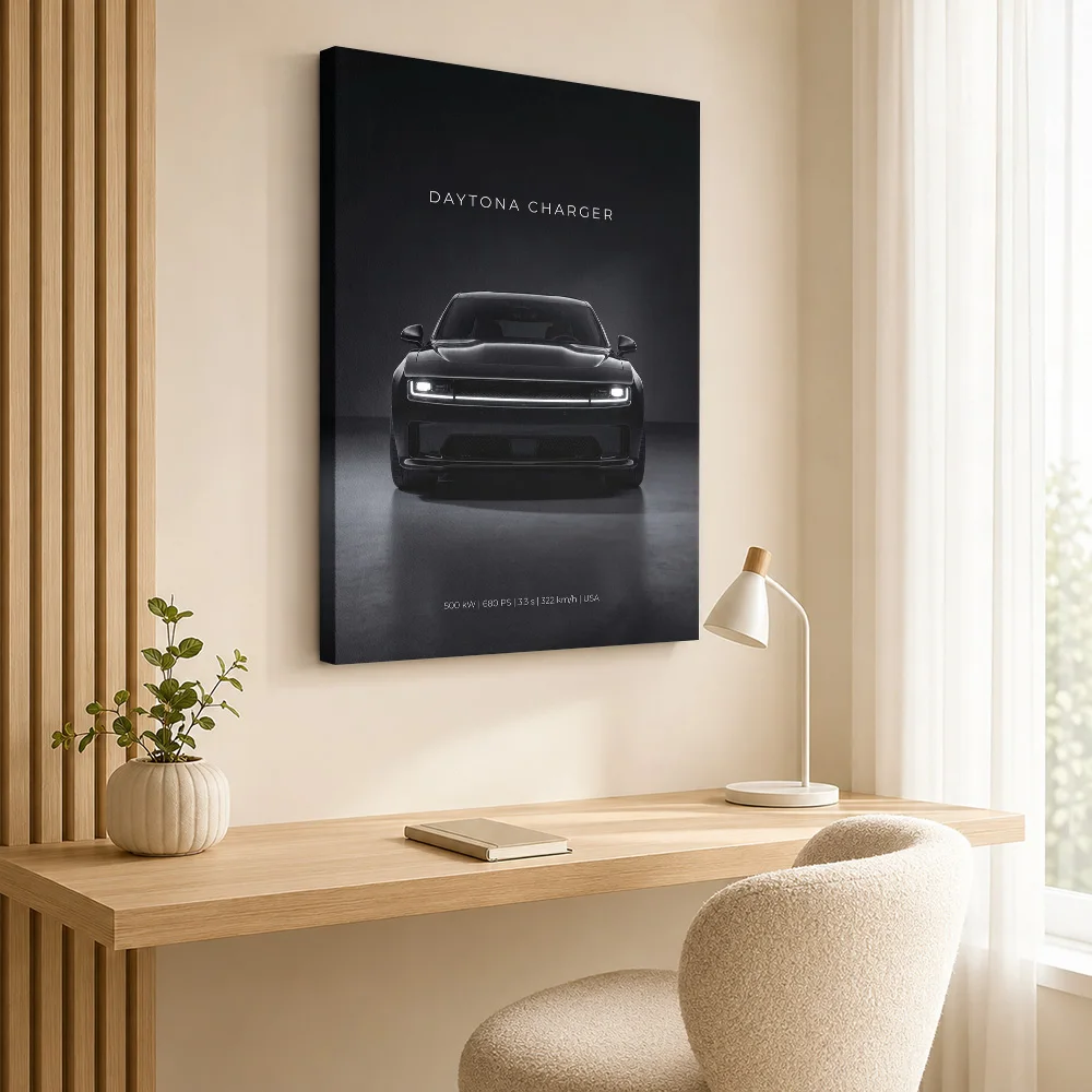 American Daytona Charger Electric Car Framed Canvas Print Personalized Photo Studio Composition Wall Art For Workshop Office