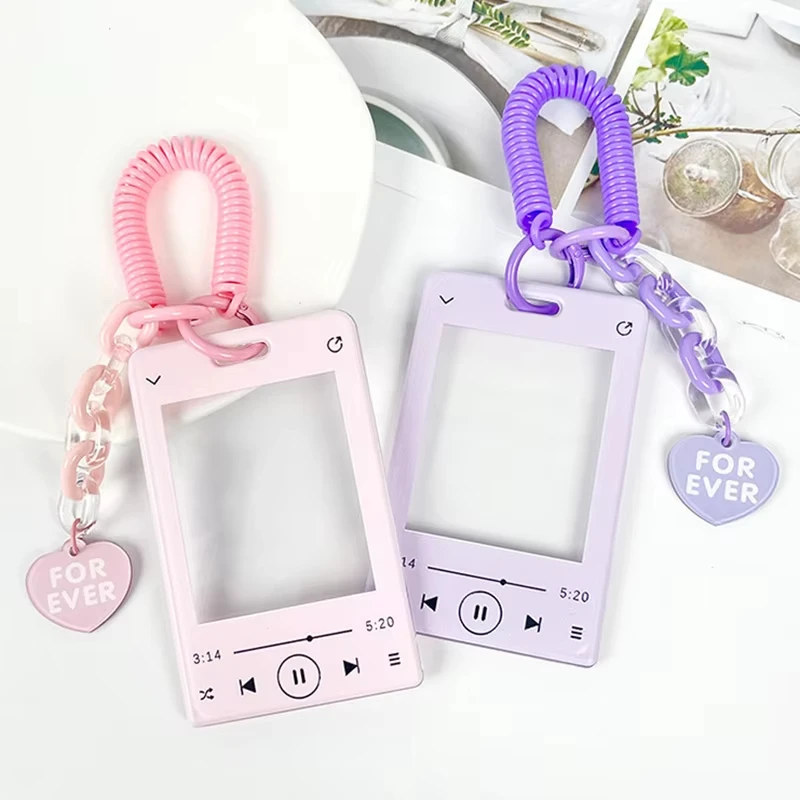 Music Player ID Card Holder with Spring Rope Heart Charm for Women Girls Kid Colorful Bus Subway Credit Card Protector Shell