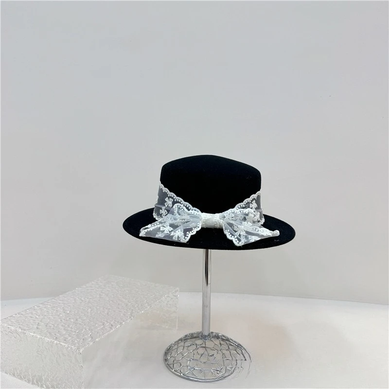 french-vintage-lace-large-bow-hat-elegant-wool-felt-flat-brim-hat-autumn-and-winter-fashionable-women's-evening-accessory