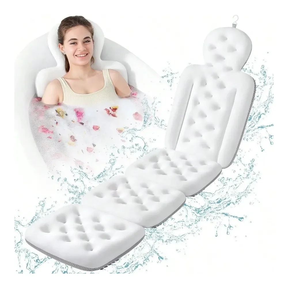 

Подушка для ванны на все тело с 160 присосками, коврик для ванны с отверстием для головы и шеи, с мешком для стирки, белый, 60.2 x 16.2