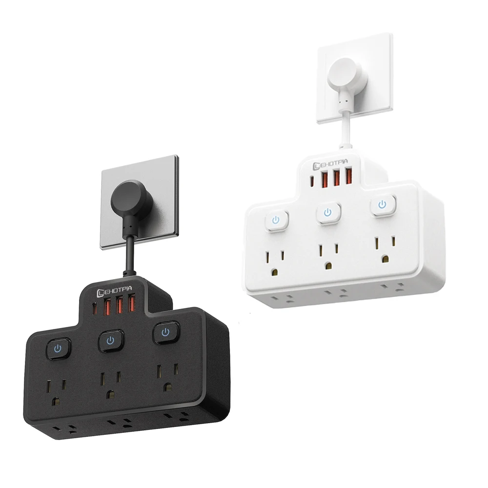 US Plug 6 AC Power Strip Outlet Wall Mounted Independent Switch Multitap Power Socket With USB C Ports Charging Network Filter
