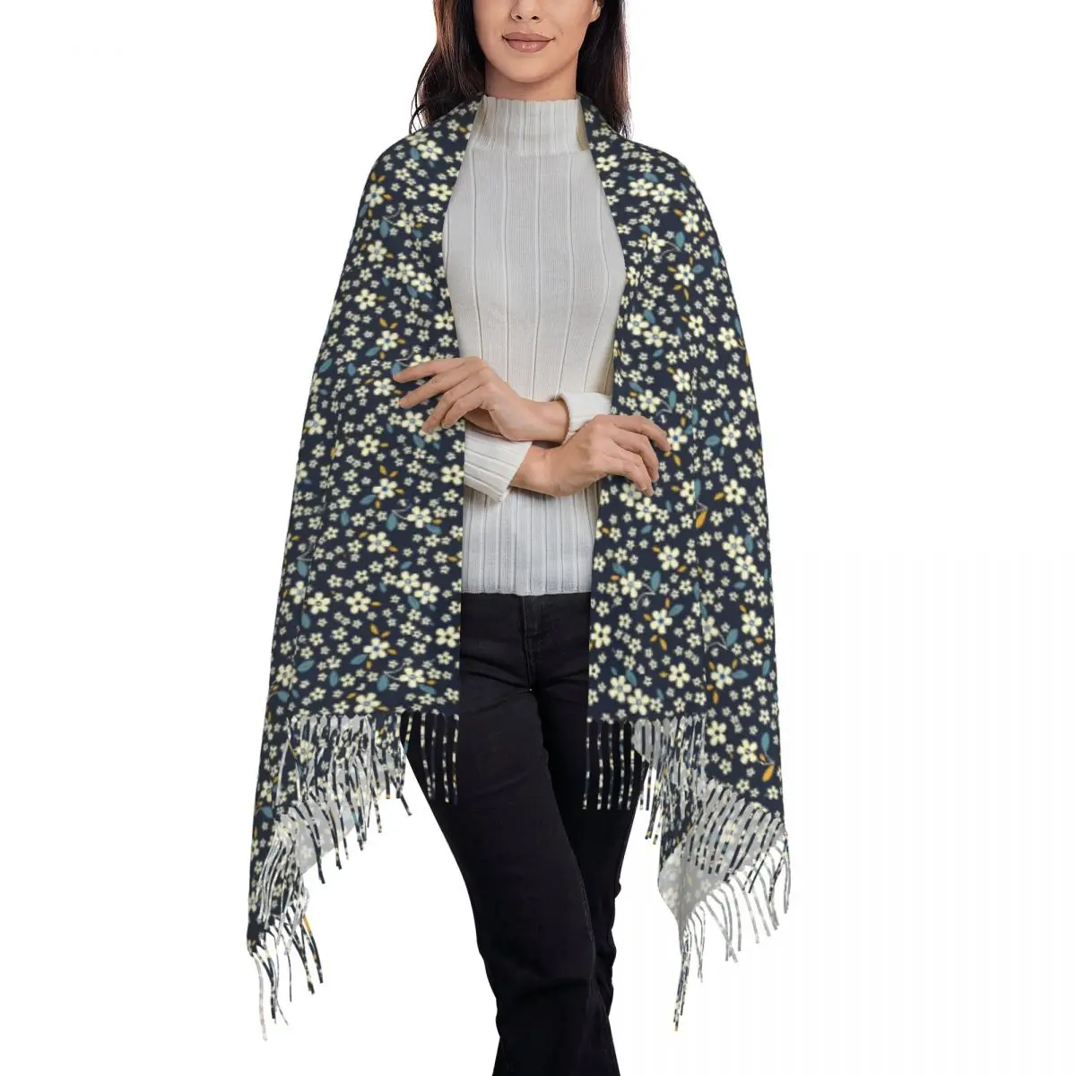 Womens Scarf Outdoor Spring Ditsy Floral Large Scarves with Long Tassel Cute Flowers Casual Shawls Wrpas Winter Bufanda Mujer