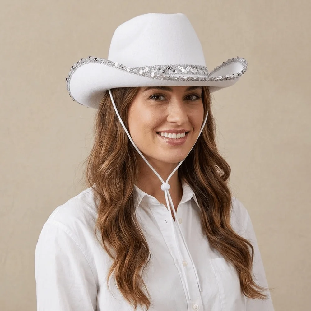 Fashion Solid Color Western Cowboy Hat Wide Brim Furry Trim Sequin Cowgirl Hat Ethnic Style Sunscreen Jazz Hat Travel
