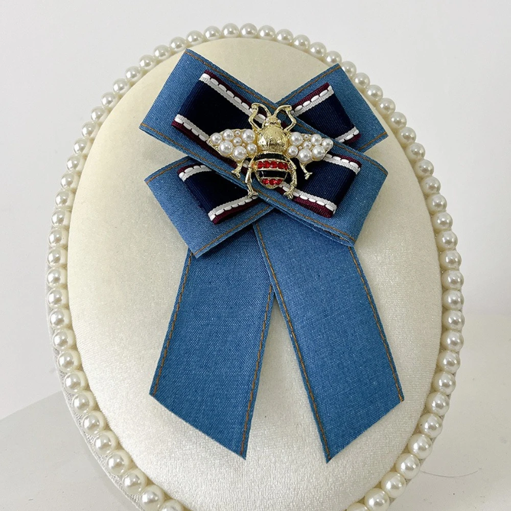 Koreanische Elegante Stoff Denim Brosche Strass Perle Biene Pins Hemd Fliege Mode Schmuck Hochzeit Party Abzeichen Zubehör – Detail 3