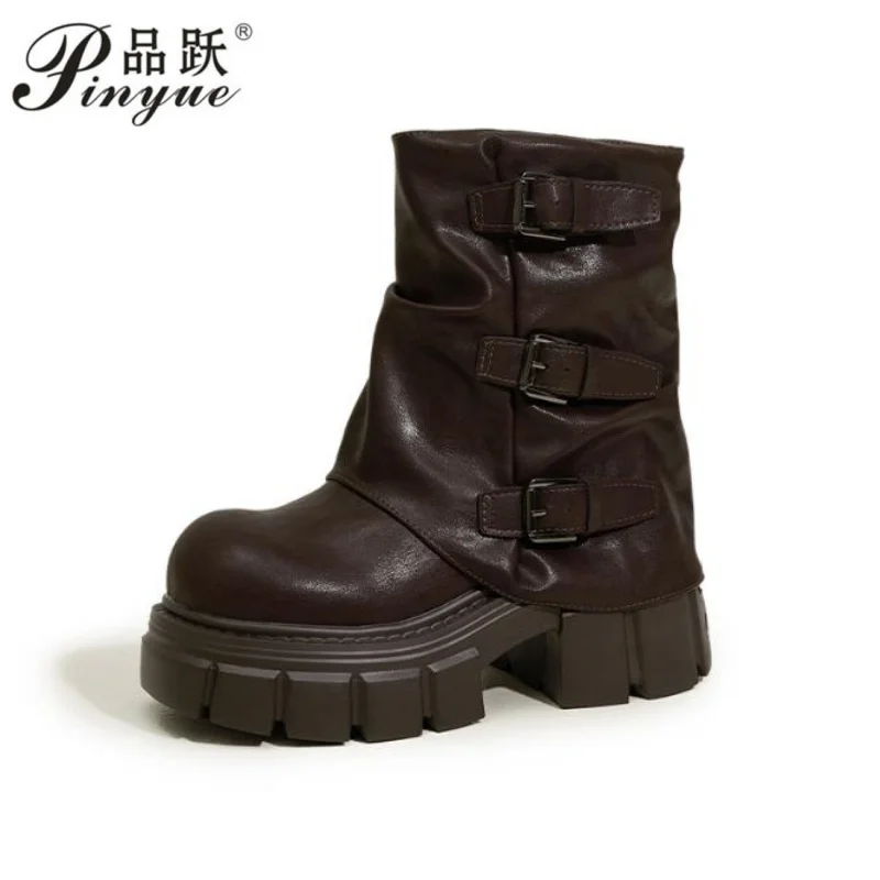 

Женские ботильоны на платформе 9 см, короткие мотоциклетные ботинки на скрытой танкетке на массивном каблуке с пряжкой, осенне-зимние ботинки