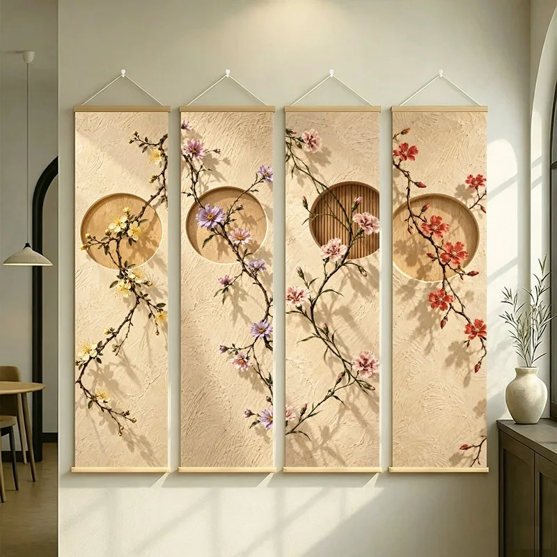 Wall Art China Aster and Maltese Cross, Calm Wabi-Sabi Silver Shimmer Canvas Hanging Scroll for Peaceful Meditation Room