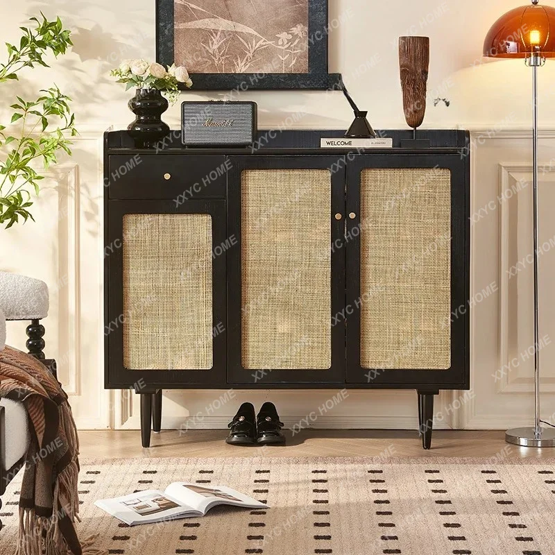 XX  Medieval Solid Wood Shoe Cabinet Entry Rattan Entrance Decorative Storage Cabinet