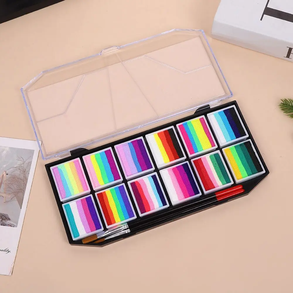 طقم طلاء الوجه للجسم مخطط بألوان قوس قزح، أداة مكياج مقاومة للماء للهالوين تدوم طويلاً وسهلة التنظيف