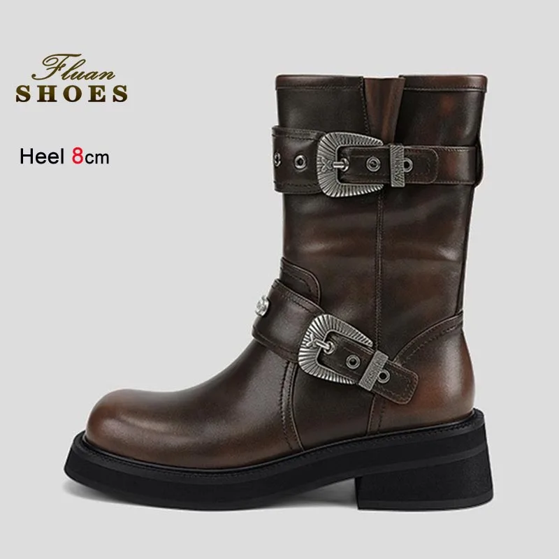 

British Style Short Boots Autumn Winter Casual Women Shoes Retro Metallic Buckle Mid-calf Boots Height Increase Lady Ankle Boots
