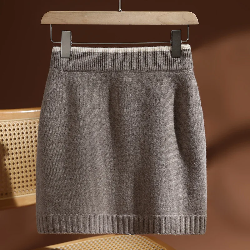 

MEELEX Women 100% Merino Wool Skirt Elastic Waist Above Knees Slim Fit Office New Fashion Autumn Winter Woman Knitted Wool Skirt