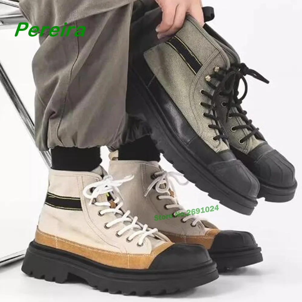 

British Shell Toe Canvas Boots Men's Retro Work Suit Boots Male Outdoor Hiking Thick Soled Short Booties Lace Up Casual Size 44