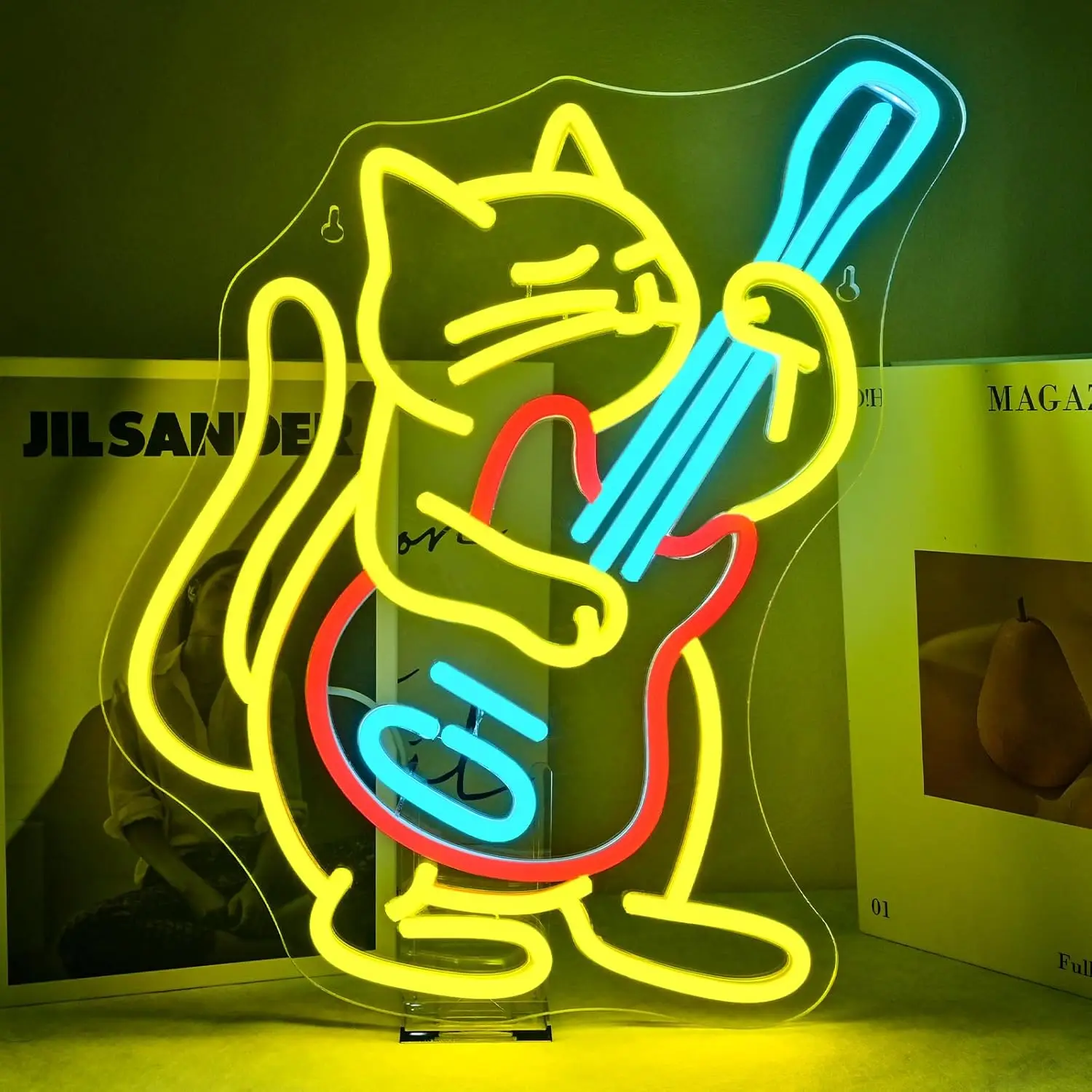 

Неоновая LED-вывеска с USB-подсветкой «Кот, играющий на гитаре» (желтый, красный, синий) для комнаты любителя музыки, зоомагазина, милого декора с животными