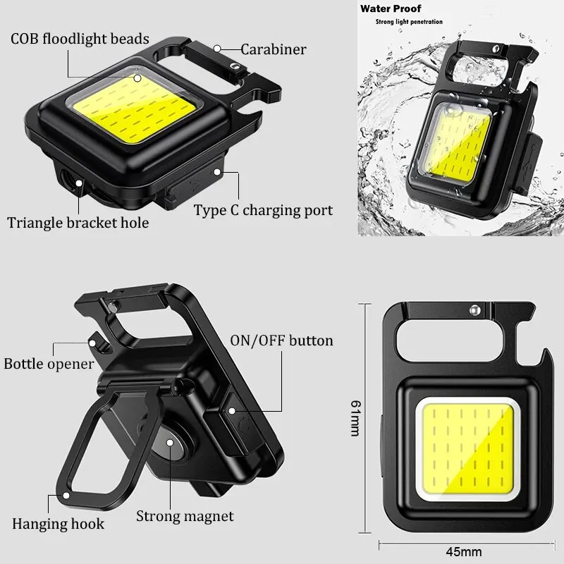 Multi-function portable Mini COB LED work light, pocket flashlight, chaveiros, outdoor camping USB charging bottle opener 500mAh
