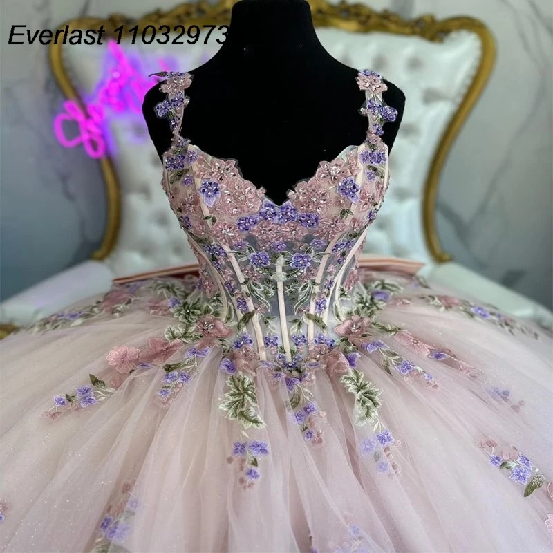 EVLAST abito Quinceanera rosa messicano abito da ballo 3D Applique floreale perline corsetto a pieghe dolce 15 Vestido De 15 Anos TQD569