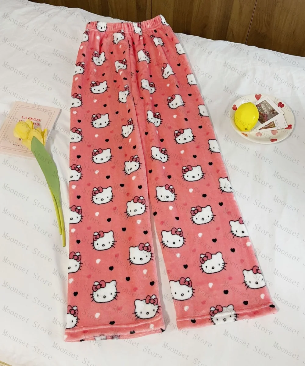 2026 Y2K مرحبا كيتي المرأة الخريف الشتاء بنطلون بيجاما أنيمي Kawaii سراويل قطنية الشتاء الدفء المنزل السراويل لطيف الهيب هوب السراويل