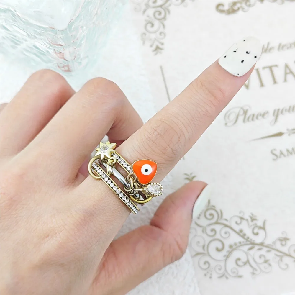 الملونة القلب مع دلايات عين الشر التراص خواتم للنساء الفتيات كامل زركونيا الفولاذ المقاوم للصدأ سبينلي كيلكولين خاتم