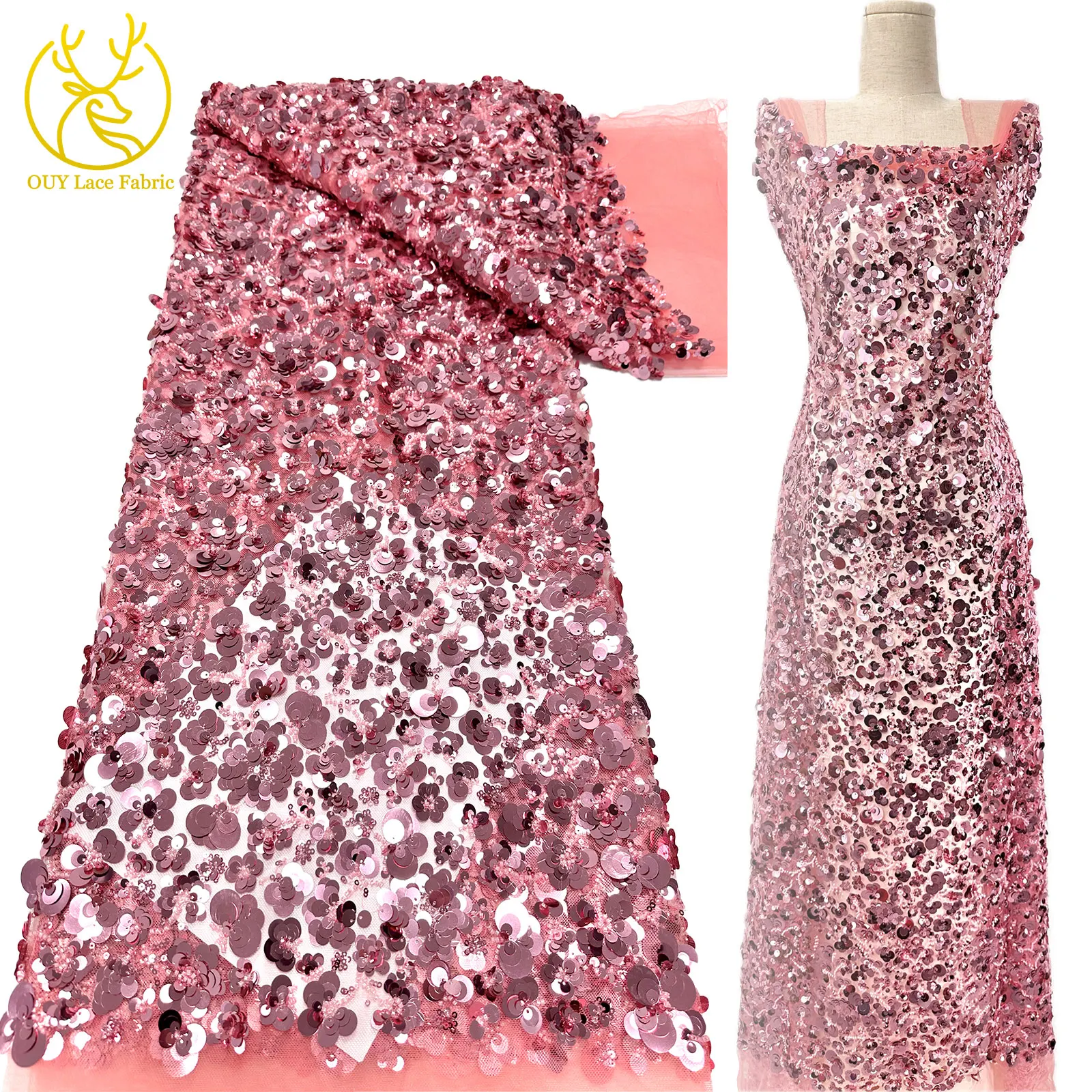 

3D French Sequin Embroidered Floral Lace Fabric Elegant African Beaded Tulle Lace Fabric Women's Wedding Dress Evening Gown