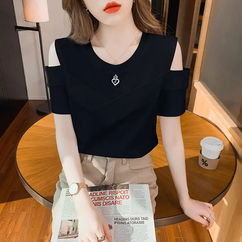 Fashion O-Neck Spliced Diamonds Off Shoulder T-Shirts Women Clothing 2024 Summer Loose Korean Solid Color Tops Casual Tee Shirt