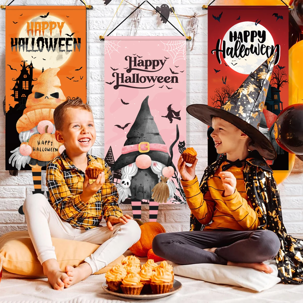 Halloween Witch Gnome Dwarf Hanging Flag Happy Halloween Party Decorations For Home 2024 Pumpkin Skull Castle BOO Door Pendant