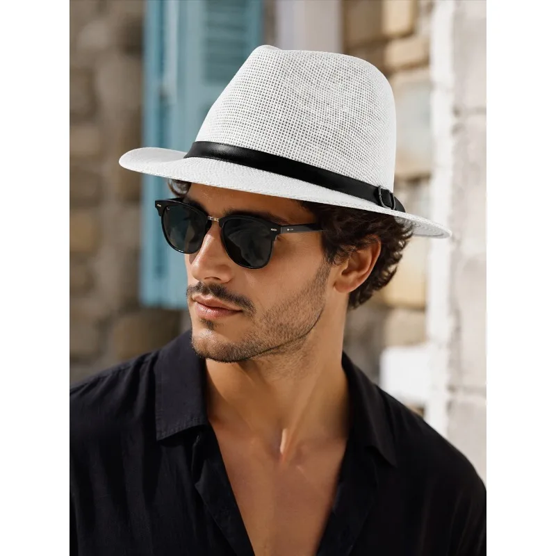 Structured British Style Straw Fedora Hat Large Size for Men Summer Sun Protection Outdoor Wide Brim