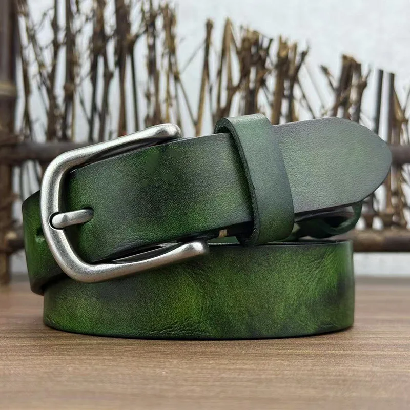

2.8cm Women's Green Genuine Leather Versatile Cowhide Belt,Woman Needle Buckle Fashionable Retro Decoration Jeans Strap Belt
