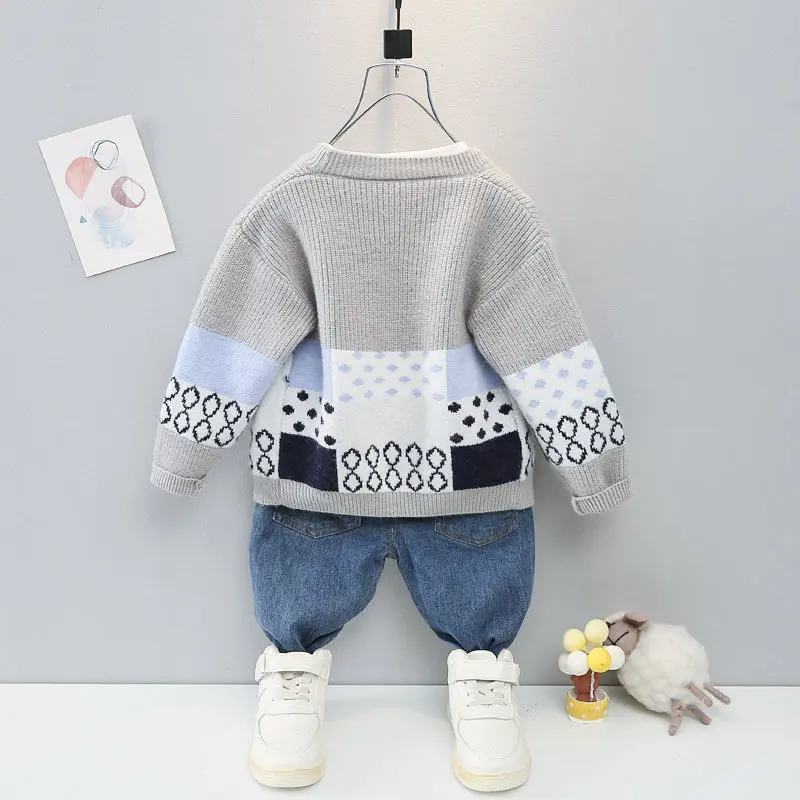 New Spring Fashion Autumn Children Boys Girls Kids Patchwork Coat Smile T-shirt Pants Jeans 3Pcs/Sets Kids Clothing Tracksuits