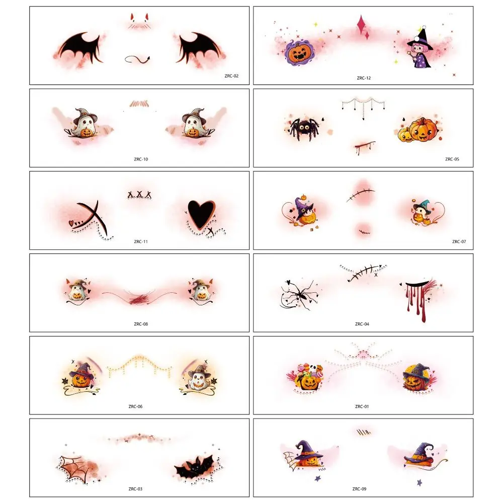 12pcs Disposable Halloween Face Tattoo Portable Waterproof Cheek Temporary Stickers Transparent Long-acting