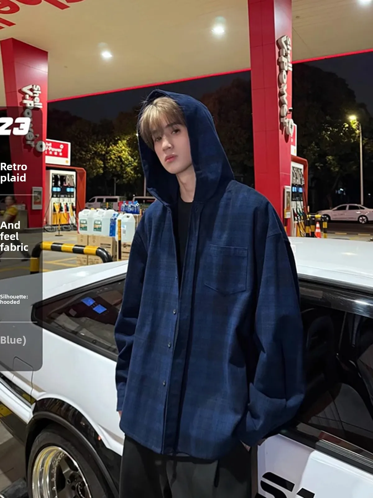 

Retro American Blue Plaid Long Sleeve Casual Shirt Men's Spring Autumn Fashion Hooded Jacket Short Sleeve Summer Handsome