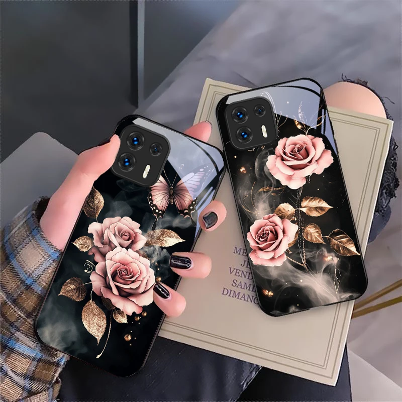 Butterfly Love Pink Rose For Motorola Moto G14 24 34 35 45 54 55 75 84 85 Stylus Edge 30 40 Neo 50 Ultra Play glass phone case