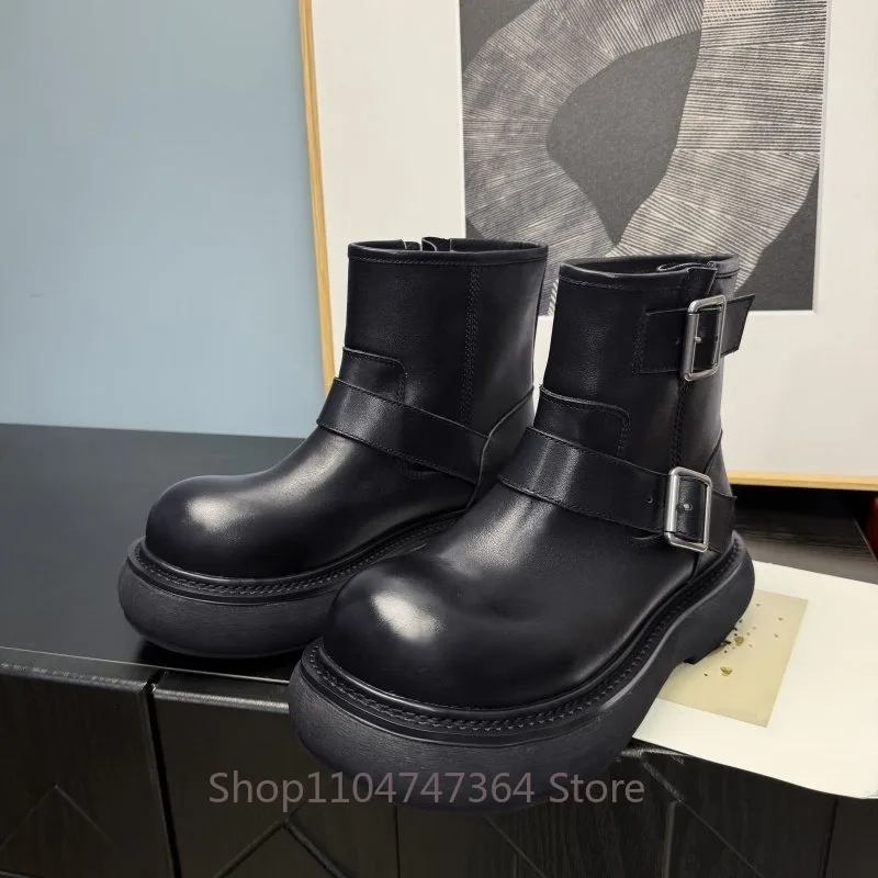 British Style Genuine Leather Thick Sole Casual Ankle Boots Men's Shoes Retro Buckle Round Toe Work Chelsea Knight Boots Trendy