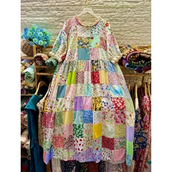 Cotton Linen Floral Patchwork Short Sleeve Midi Dress Summer Mori Girl Holiday Boho Hippie Gypsy Tribal Ibiza Tunic Long Dress