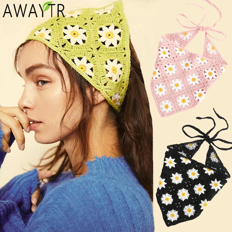 AWAYTR Crochet Bandana Daisy Flower Hair Scarf for Women 2022 Headbands Retro Turban Hairband Hair Accessories