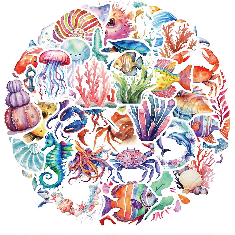 10/30/50PCS Watercolour Marine Animals Watercolor Graffiti Waterproof Sticker Shark Octopus Jellyfish Waterproof Kawaii Sticker