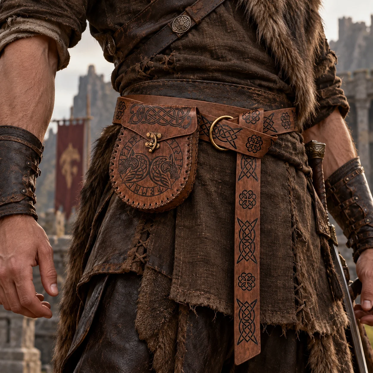 PU Leather Medieval Celtic Belt with Coin Purse for Adult Medieval Costume Party Dress Up Waist Decoration Costume Accessories