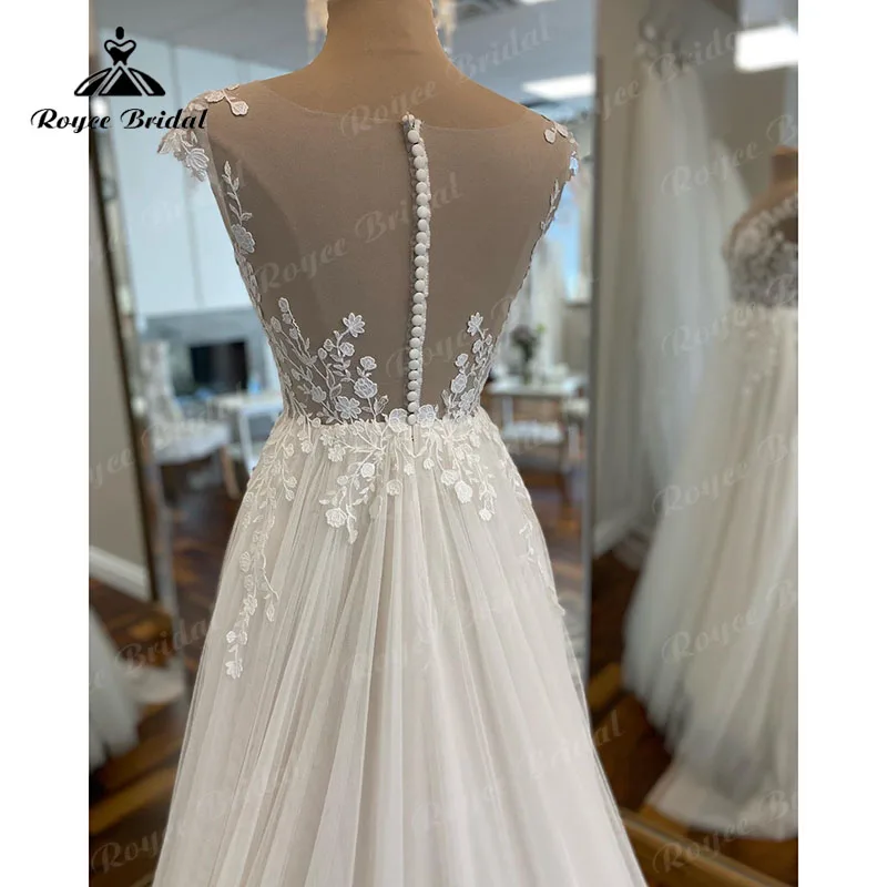 Manga boné rendas apliques tule uma linha praia vestido de casamento profundo decote em v 2023 boho robe princesa vestido de noiva personalizado elegante