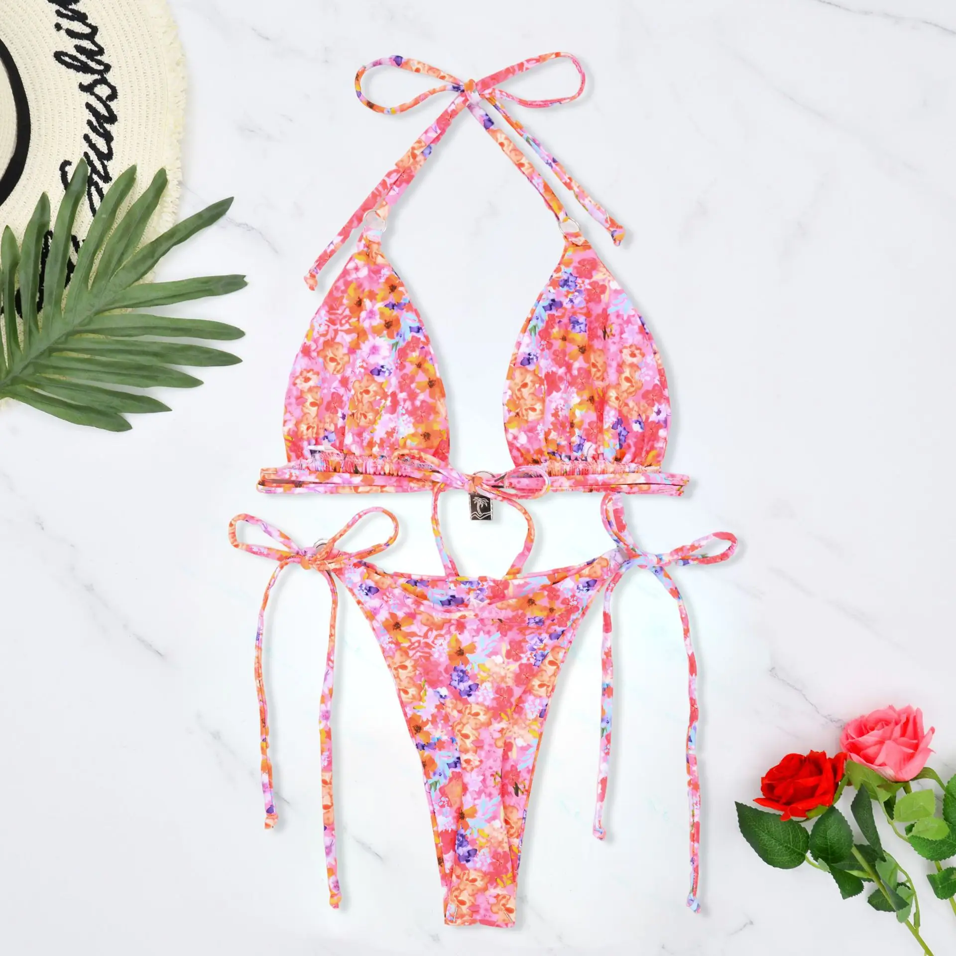 sexy leopard print string halter bikinis sets two pieces back tie padded thong swimwear swimsuits female bathing suit biquini