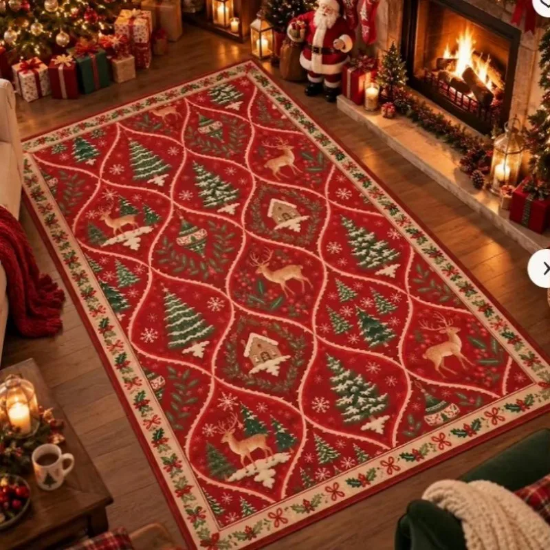 VIKAMA Red Ogee Reindeer Tree Cottage Area Rug Soft Cozy Warm Non Slip Living Room High Traffic Christmas Holiday Home Decor