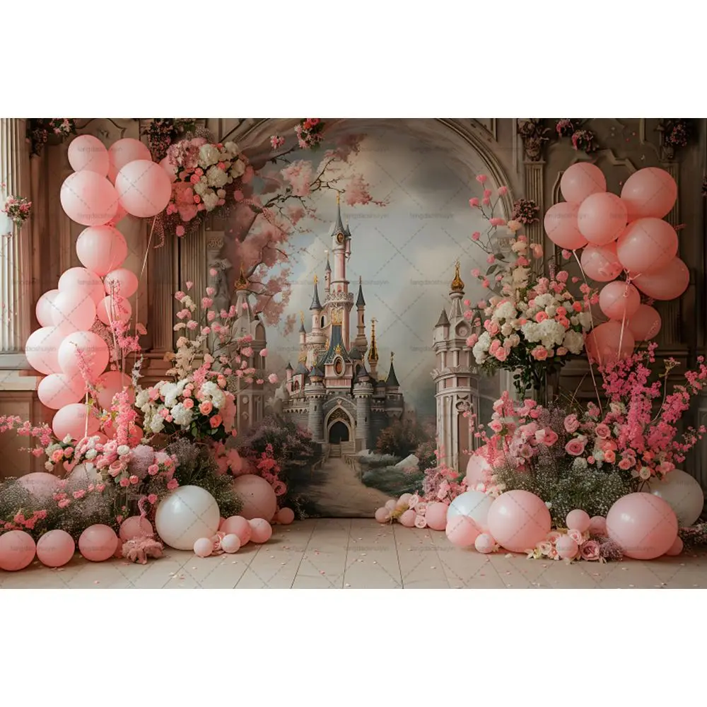 3D Fairytale Castle Photography Background Colorful Balloon Arch Girl Little Princess Birthday Party Backdrop Photo Studio Props