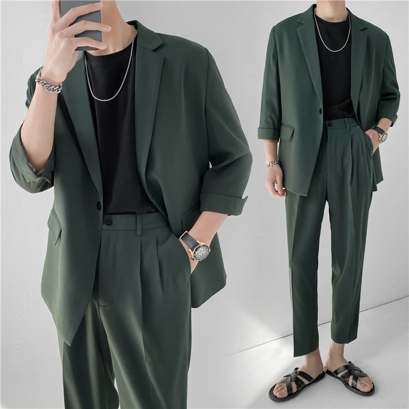 2022 Fashion Zomer 2 Stuk Set Effen Kleur Single-Breasted Casual Eenvoudige Student Dragen Homme Losse Pakken Dragen (Blazers + Broek)