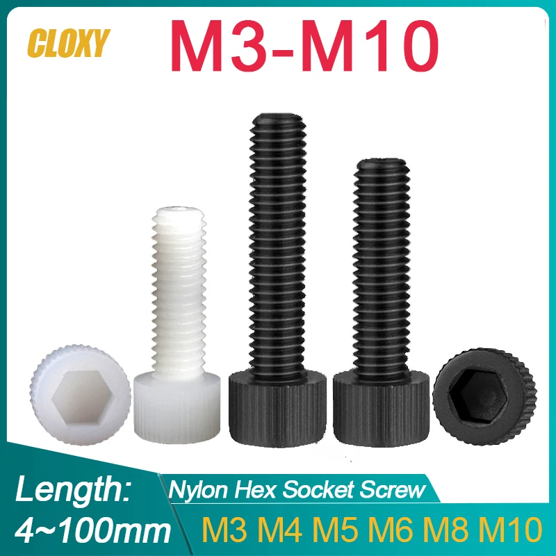 5~50szt M3 M4 M5 M6 M8 M10 Czarny/Biały Nylon Śruba z łbem sześciokątnym z gniazdem sześciokątnym Śruba z łbem radełkowanym z tworzywa sztucznego do izolacji