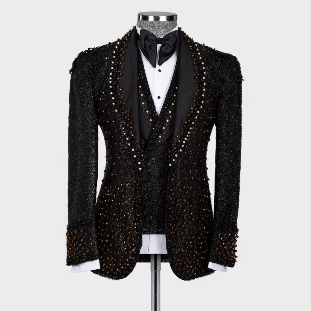 Olibexley Luxury Black Men Suits Diamond Crystal Beaded Wedding Groom Tuxedos Ropa Hmbre 3 Piece Sets Blazers Customized S123