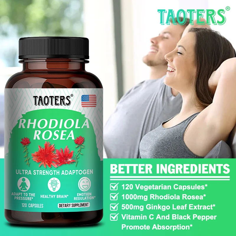 Taoters Capsule di integratore naturale di Rhodiola Rosea-1000 mg, con foglia di ginkgo, migliorano l'energia pura, supporto per il cervello e l'umore - Non OGM